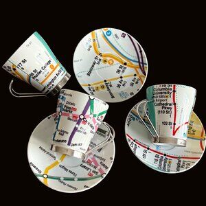 Set Of 3 Crown Baccara tea coffee Cups & Saucers NYC Subway Map & Mexico trolley
